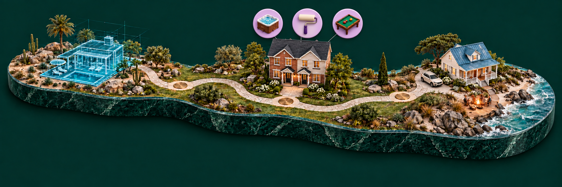 A property journey from a cyan 3D blueprint, through a furnished duplex with floating amenity ideas, to a coastal rental with a fire-pit terrace and a car in the driveway